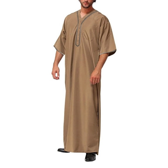 Fsgntruao Muslim Robe for Men Stand Collar Long Sleeve Button Front with Pockets Loungewear Khaki,XL