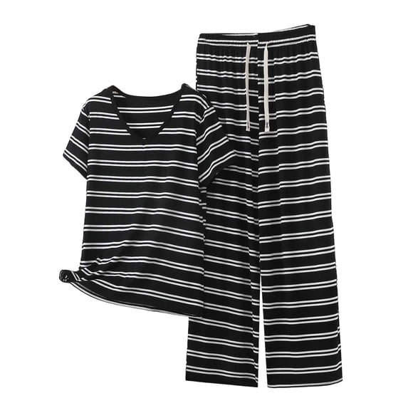 Fsgntruao Plus Size Pajama Set for Women Striped Short Sleeve Tops with Wide-Leg Long Pant Casual Nightwear Sleepwear