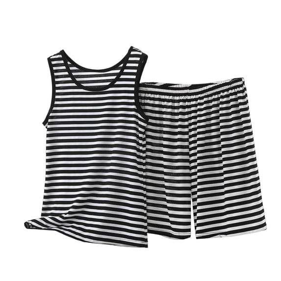 Fsgntruao Plus Size Pajama Set for Women Striped Sleeveless Tank Tops with Wide-Leg Shorts Casual Nightwear Sleepwear
