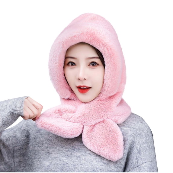 Fsgntruao Scarf for Women Hooded Scarfs 2-In-1 Hat And Scarf Set Warm Womens Winter Hat Soft Plush Thick Hats Pink,M