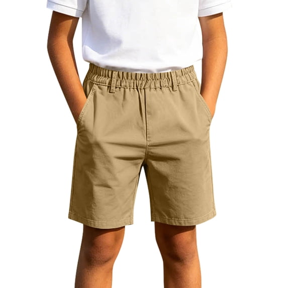 Fsgntruao School Uniform Shorts for Boys Solid Color Elastic Waist with Pockets Casual Summer Bottoms Back To School Stretchy Comfort Fit Khaki,14-15 Years