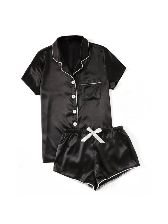 Silk Satin Pajamas for Women Short Sleeve Soft Button Down Two-Piece Pj Set Sleepwear Loungewear