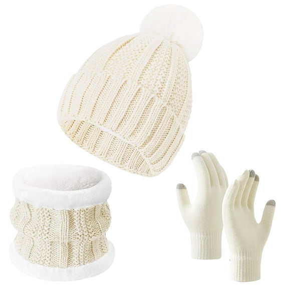 Fsgntruao Winter Knit Hat Scarf Gloves Set for Women Thick Warm Ear Protection 3-Piece European Style White,Free Size