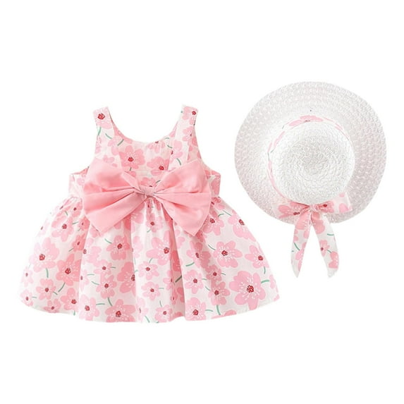 Fshinging 2025 Girls Dresses Summer Big Bowknot Sleeveless Floral Print Princess With Straw Hat Beach Vacation Sundress Size 3-4 Years