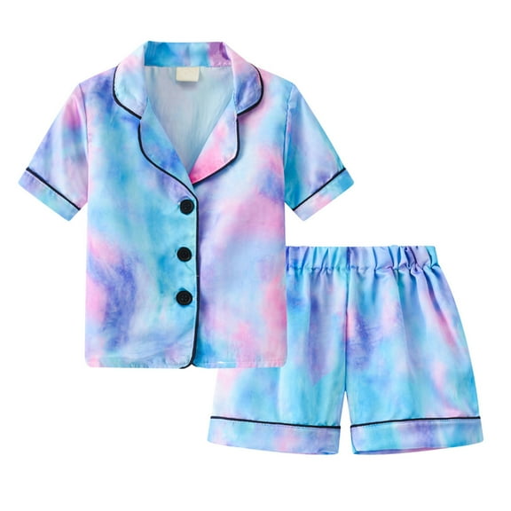 Fshinging 2025 Summer Pajamas for Baby Girls Tie-Dye Casual Short Sleeve Lapel Shirts Tops and Shorts Sleepwear Outfits
