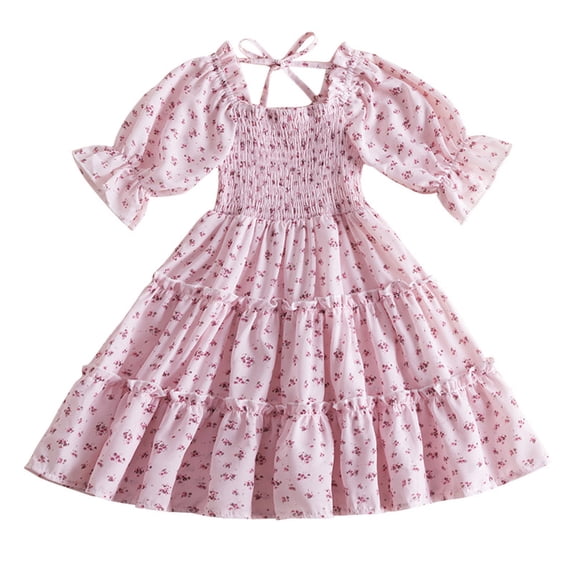 Fshinging 2025 Toddler Girls Dress Spring Summer Floral Print Ruffle Short Sleeve Princess Children Dresses Size 5-6 Years