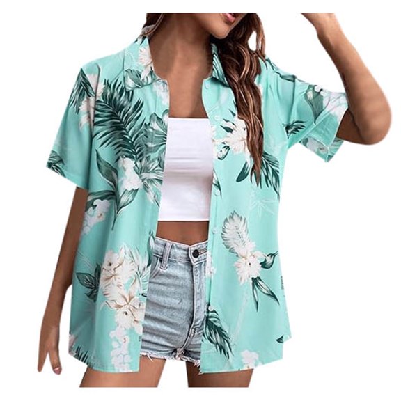 Fshinging 2025 Women Fashion T Shirts Hawaiian Flower Print Vacation Beach Plus Size Short Sleeve Button Up Shirts Clothes 2025