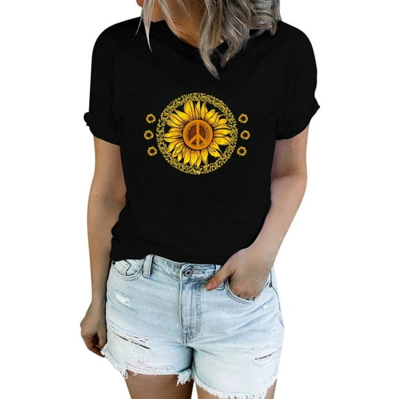 Fshinging 2025 Women'S Clothing Independence Day Summer Casual Slim Sunflower Graphics Plus Size Loose Vintage T-Shirts
