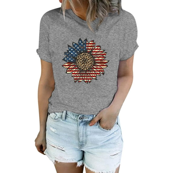 Fshinging 2025 Women'S Clothing Independence Day Sunflower Print Short Sleeve O-Neck Casual Summer Vintage T-Shirts