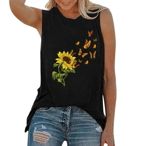 Fshinging 2025 Women Tank Tops Sunflower Butterfly Print Casual Sleeveless T Shirts Summer Vest Female Tees
