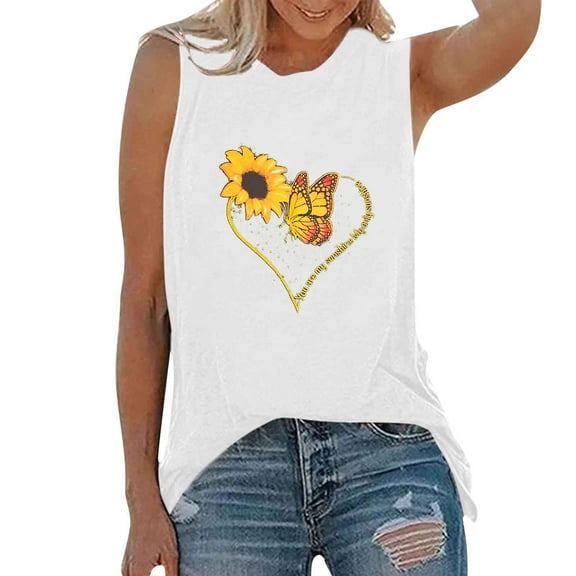 Fshinging 2025 Women Tank Tops Sunflower Butterfly Print Casual Sleeveless T Shirts Summer Vest Plus Size Clothing