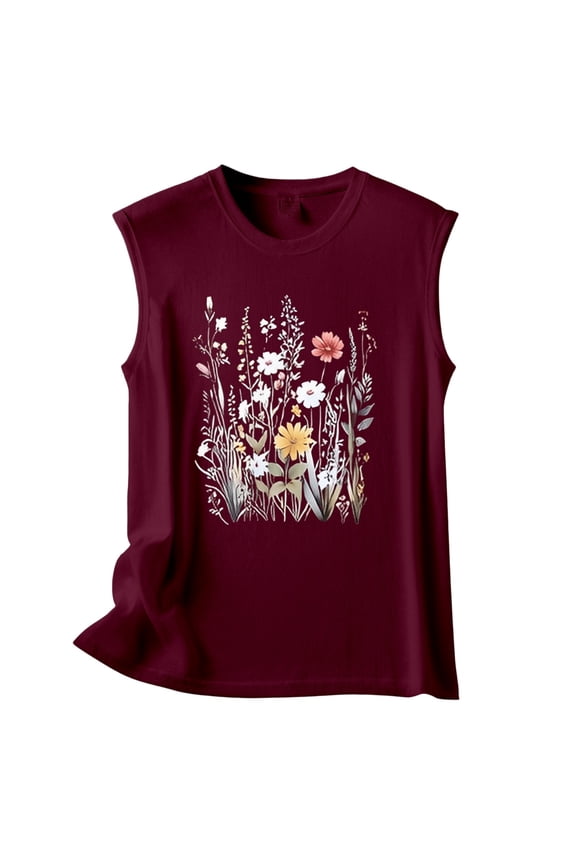2026 Summer Fashion Tank Top for Women Casual Flower Graphic Sleeveless Clothes Wine S