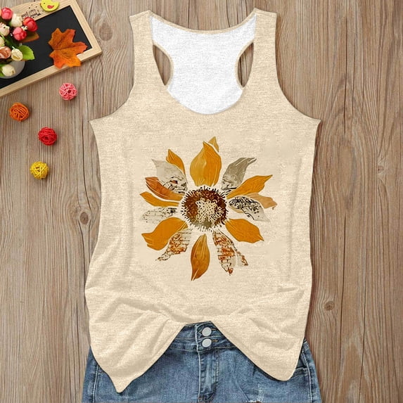 Fshinging 2026 Summer Fashion Tank Top for Women Casual Flower Printed Sleeveless Crew Neck Basic Exercise Yoga Gym Shirts Beige L
