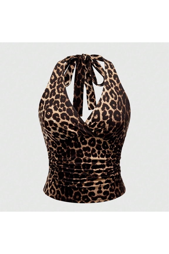 2026 Summer Fashion Tank Top for Women Leopard Print V Neck Cropped Halter Lace Up Cami Undershirts Khaki M