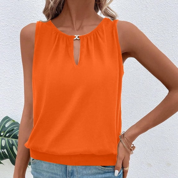Fshinging 2026 Summer Fashion Tank Top for Women V Neck Keyhole Basic Solid Casual Sleeveless Regular Fit Plus Size Outfits Orange S