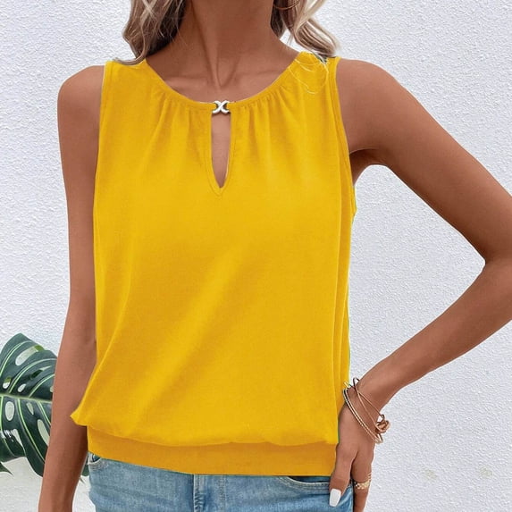 Fshinging 2026 Summer Fashion Tank Top for Women V Neck Keyhole Basic Solid Casual Sleeveless Regular Fit Plus Size Outfits Yellow L