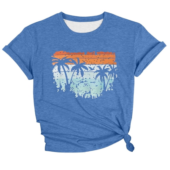 Fshinging 2026 Women Short Sleeve Tops Summer Casual Print Vacation Beach T-Shirts Blue L
