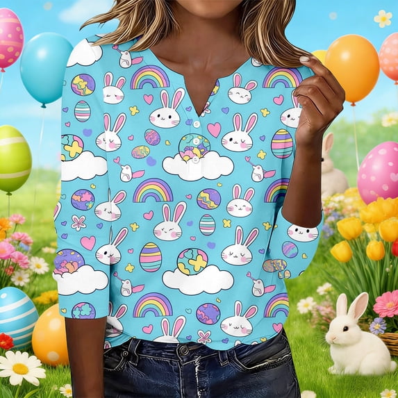 Fshinging 2026 Women T-Shirts Cute Rabbit Eggs Graphic 3/4 Sleeve Button V Neck Y2K Outfits White XXXL