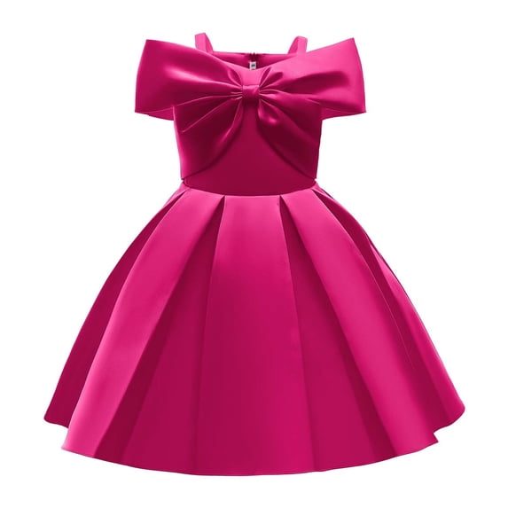 Fshinging Baby Girls Dresses Summer Elegant Satin Gowns Off Shoulder Bowknot Wedding Ball Solid A-Line Ruched Flowy Dress Size 6-7 Years