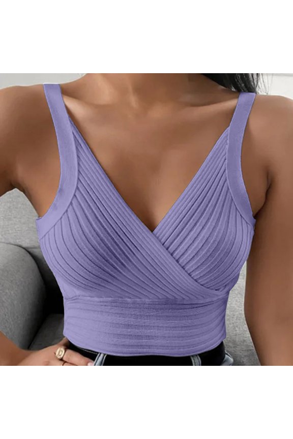 Basic Cute Women Tank Top Solid Ribbed Sleeveless V Neck Summer Slim Fit Camisole Shirts Purple One Size