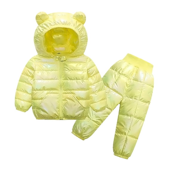 Fshinging Boys And Girls Fashion Bright Face Waterproof 2 Piece Pant Sets Winter Warm Cute Bear Hooded Down Jackets Outfits Climbing Suit