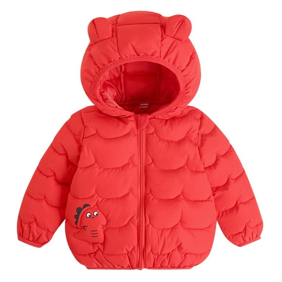 Fshinging Boys Girls Autumn Winter Warm Cotton-Padded Quilted Hooded Down Jackets Cute Ear Cartoon Dinosaur Print