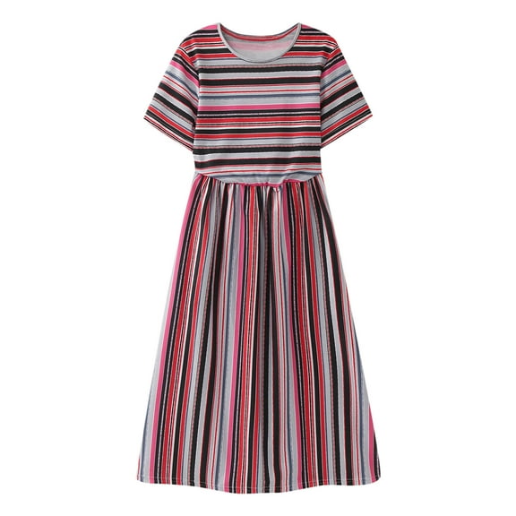 Fshinging Dresses For Girls Vinatge Stripe Print Casual Summer Short Sleeve Princess Party Child Kids Dress
