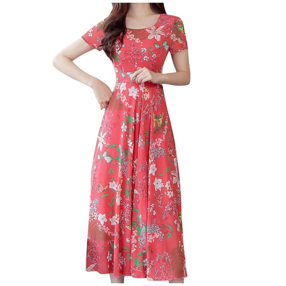 Fshinging Dresses For Women 2025 Boho Floral Print Short Sleeve Ruched Maxi Casual Sun Dress