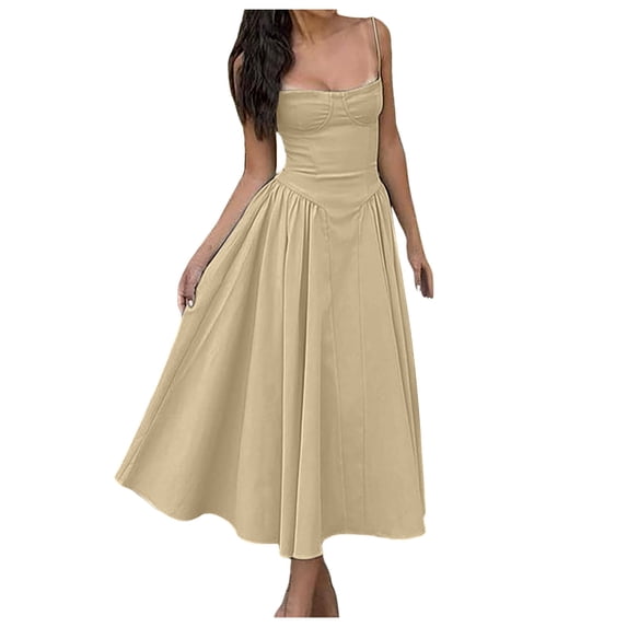 Fshinging Eleagnt Dress For Women Sleeveless Sling Long Summer Solid Color Backless A Line Bage Gift Dress