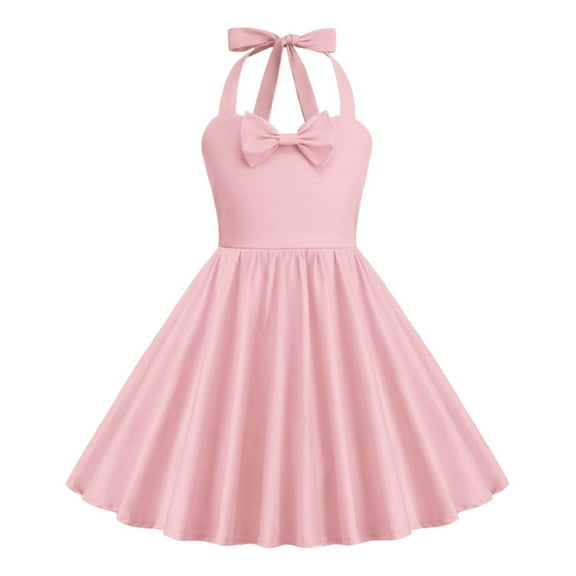 Fshinging Elegant Girls Dresses Solid Color Bowknot Sleeveless Pleated A-Line Halter Lace Up Backelss Floral Dress