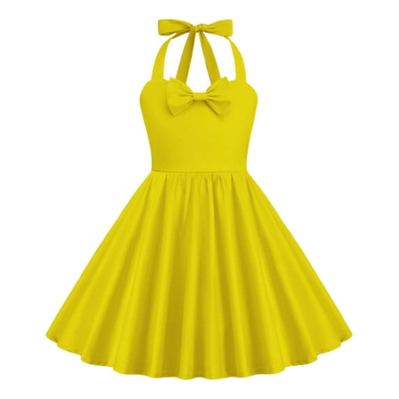 Fshinging Elegant Girls Dresses Solid Vinatge Bowknot Halter Backless Ruched Swing Suspender Party Formal Cocktail Sundresses