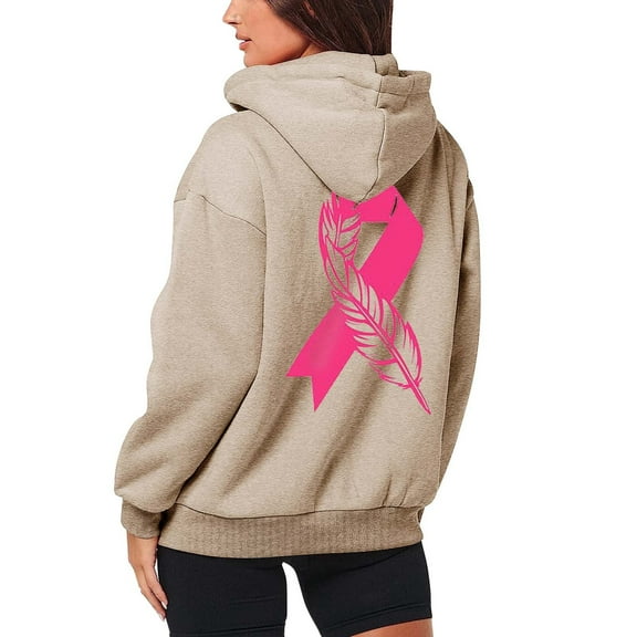 Fshinging Essentials Women's Hoodie Sweatshirt Cancer Pink Ribbon Feather Print Zipper Jackets Long Sleeve Pocket Drawstring Workout Clothes