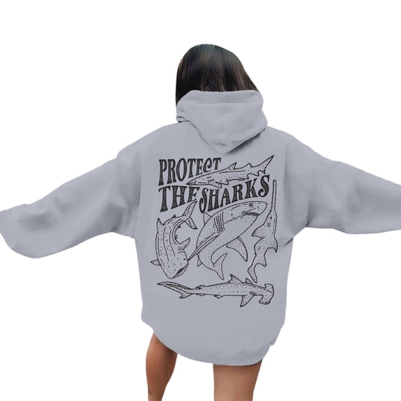 Fshinging Essentials Women's Hoodie Sweatshirt Letter Shark Print Long Sleeve Drawstring With Pockets Solid Color Ladies Outfits
