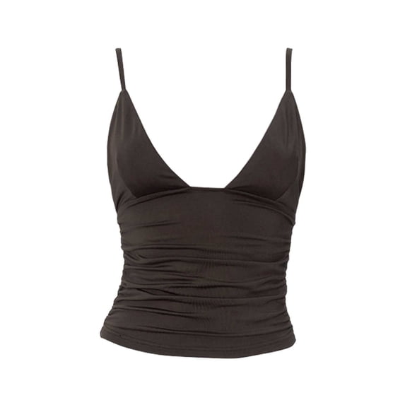 Fshinging Essentials Women's Tank Top Deep V Neck Ruched Crop Slim Fit Spaghetti Straps Going Out Shirt Y2K Layering Shirts Black L