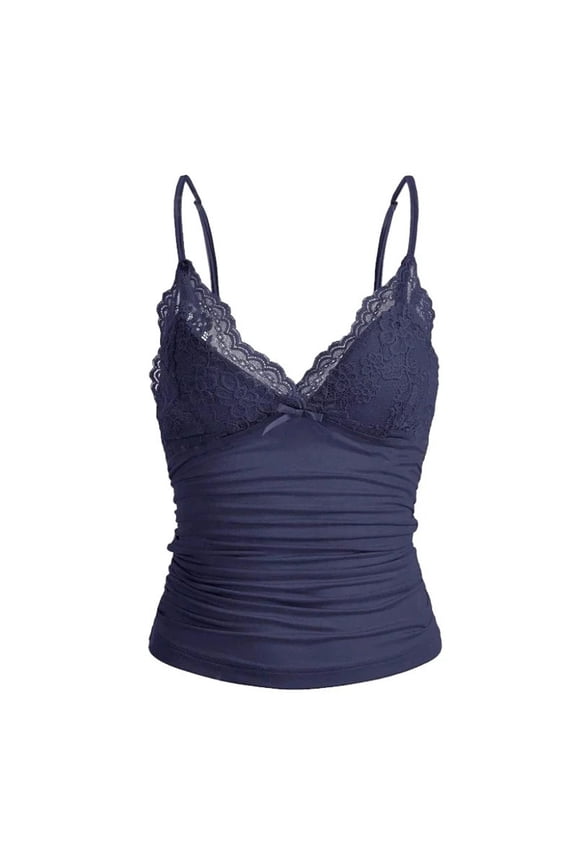 Essentials Women's Tank Top Lace Hem Slim Fit Spaghetti Strap Camisole Stretchy Layering Basic Ribbed Dressy Casual Trendy Clothes Navy L