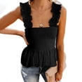 thumbnail image 1 of Fshinging Essentials Women's Tank Top Ruffle Hem Smocked Crop Tie Shoulder Strap Solid Loose Fit Layering Shirts Black L, 1 of 6