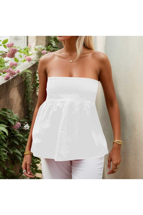 Essentials Women's Tank Top Strapless Backless Ruffle Flowy Tube Summer Off Shoulder Pleated Bandeau Slim Fit Camisole Shirts White M