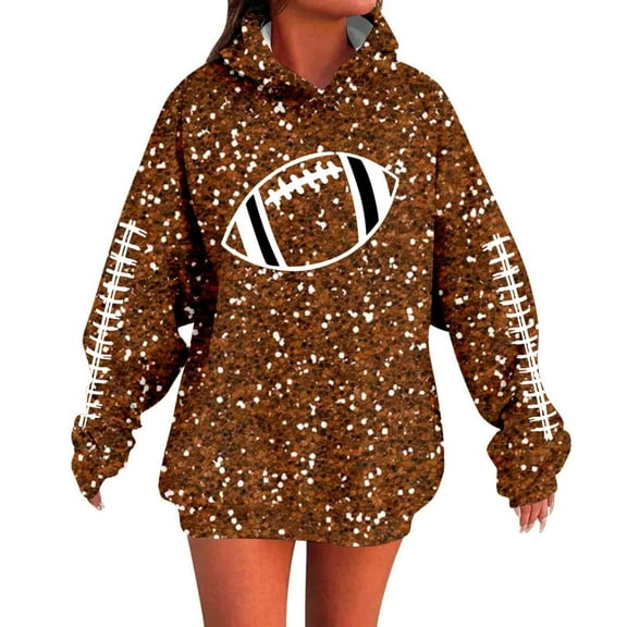 Fshinging Football Hoodie Sweatshirt For Women Long Sleeve Sequin Letter Print Oversize Pullover Tops Sunday Game Day Clothes