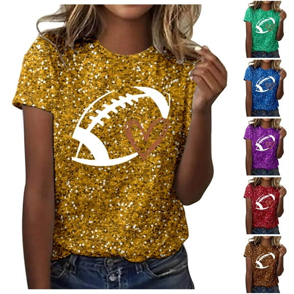 Fshinging Football Shirts for Women Short Sleeve Tops Summer Sequin Football Graphic T Shirts y2k Glitter Crew Neck Ladies Pullover Tees