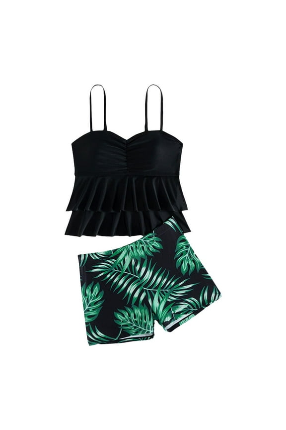 Girl's Swimsuits Big Kid Tropical Style Set With Ruffled Neck Top Shorts Set Tummy Control Swimwear
