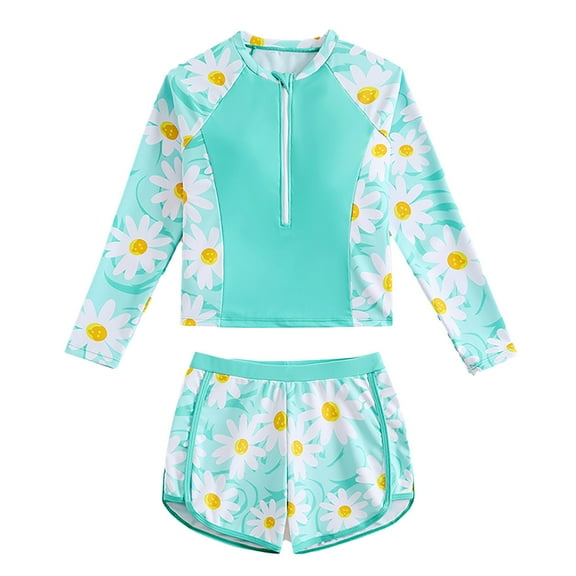 Fshinging Girl's Swimsuits Long Sleeve Rash Guard Set Upf 50+ Sun Two Piece Beach Pool Summer Tummy Control Swimwear Size 7-8 Years