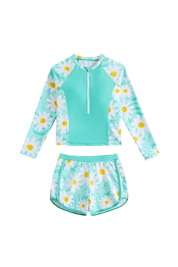 Girl's Swimsuits Long Sleeve Rash Guard Set Upf 50+ Sun Two Piece Beach Pool Summer Tummy Control Swimwear Size 7-8 Years