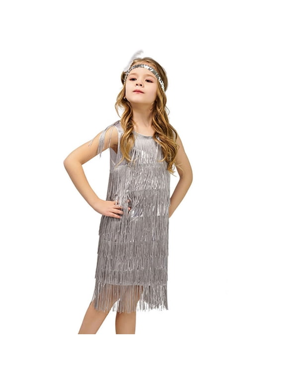 Girls Dresses Flapper Sequins Fringe Latin Dance Tassel Tango Ballroom With Feather Headband Sun Dress
