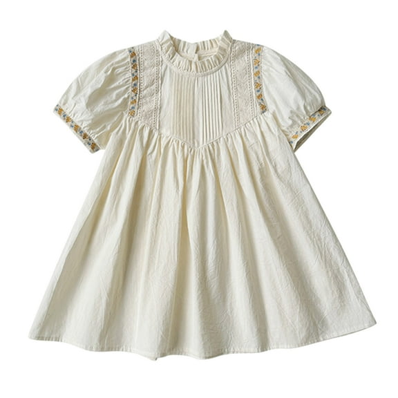 Fshinging Girls Dresses Kids Summer Floral Embroidery Puffy Sleeve Pleated New Years Eve Dress