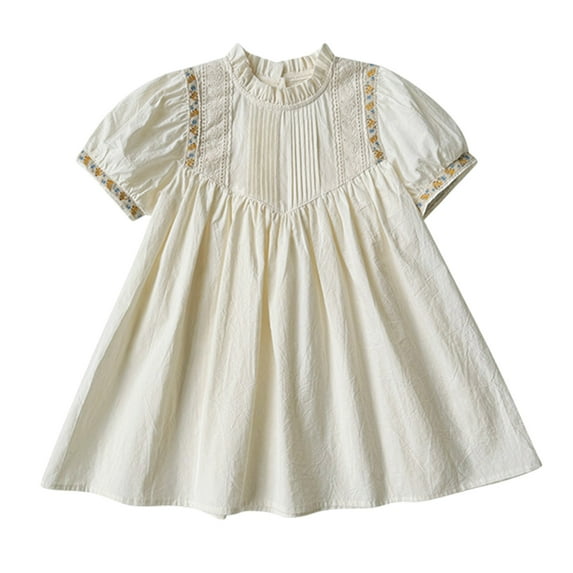 Fshinging Girls Dresses Kids Summer Floral Embroidery Puffy Sleeve Pleated New Years Eve Dress