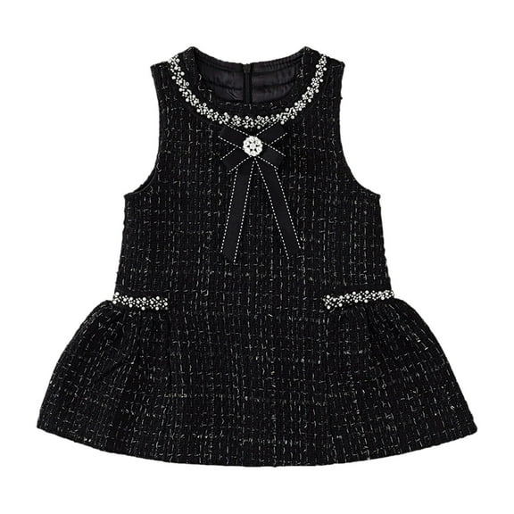 Fshinging Girls Dresses Pearl Diamond Bowknot Decorate Classic Elegant Tweed With Pocket Sundress Size 12-18 Months