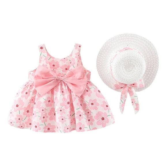 Fshinging Girls Dresses Summer Big Bowknot Sleeveless Floral Print Princess With Straw Hat Beach Vacation Baby Kids Dress Size 6-12 Months