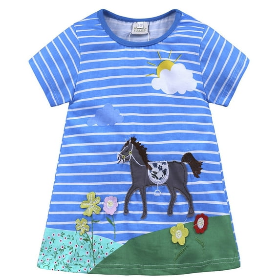 Fshinging Girls Dresses Toddler Baby Kids Short Sleeve Casual Cartoon Appliques Striped Princess Dress For Girls