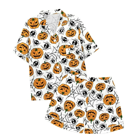 Fshinging Girls Funny Graphic Pajamas Suit 2 Piece Set Pumpkin Bat Ghost Print Short Sleeve Button Down Shirts And Shorts Kids Pjs Set