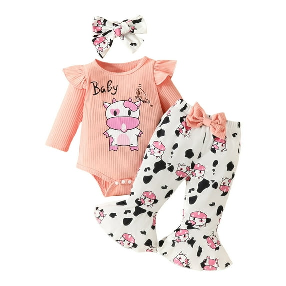 Fshinging Girls Long Sleeve Ribbed Romper Bodysuit Cartoon Dairy Cow Prints Bell Bottoms Pants Outfits Matching Outfits Outfits for Teen Girls for School